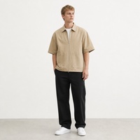 Chemise-veste zippée en twill oversize unie pour homme, style streetwear décontracté, couleur kaki, idéale pour le travail