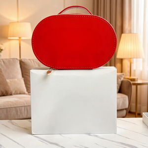 Pochette de maquillage ovale en <span class=keywords><strong>cuir</strong></span> rouge, portable, avec poignée, fermeture éclair dorée, <span class=keywords><strong>organiseur</strong></span> de beauté de <span class=keywords><strong>luxe</strong></span> pour femmes - Product Image 1
