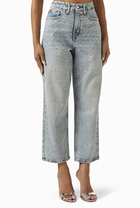 Jean en denim délavé bleu clair pour femme, coupe décontractée à jambe large, orné de strass et de sequins <span class=keywords><strong>argent</strong></span>és, lavable, avec rivets – Grande Vente - Product Image 3
