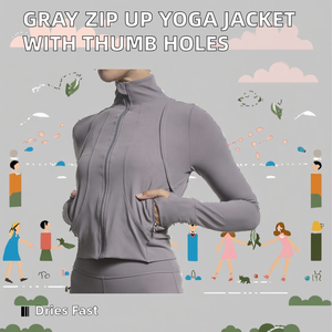Spandex/Polyester Solid Breathable Women's SportsWear Zip-Up Long Sleeve Gray <b>Yoga</b> Thumb Hole Sports <b>Jacket</b> - Product Image 2