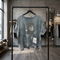 Gewassen grijs oversized T-shirt met distressed print, zwaar katoen, unisex, retro rock stijl