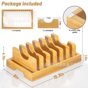 Wooden Kitchenware Storage Rack 15.3in x 8in x 4.7in With Dividers Non Slip Pots <b>Pans</b> Organizer For Countertop - Product Image 1