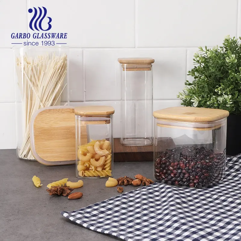 Tarro de almacenamiento de vidrio para alimentos, recipiente de vidrio de borosilicato ecológico para galletas, dulces, miel, con tapa hermética de Bambú