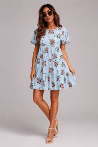 Mini abito da donna con scollo rotondo, maniche a volant, stampa floreale, abito casual estivo stile babydoll - Product Image 6