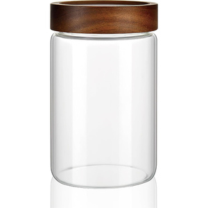 Bocaux de rangement pour épices en verre borosilicate avec couvercle en bois d'acacia, style européen, anti-poussière, écologiques, motif écorce de mandarine, emballage carton - Product Image 1