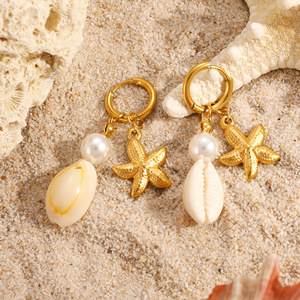 Boucles d'oreilles pendantes en forme d'étoile de mer, plaquées or 18 carats, style plage, perles, pour tous les jours - Product Image 3