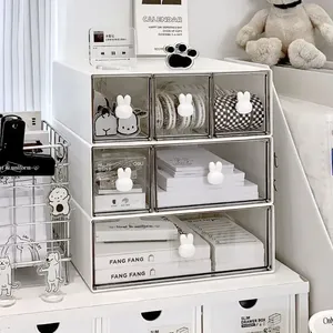 Boîte de rangement de bureau empilable pour la papeterie et le maquillage, organiseur de tiroir en <span class=keywords><strong>plastique</strong></span> avec poignée en forme de lapin mignon - Product Image 2