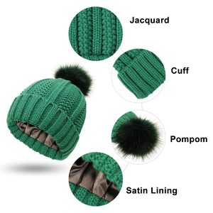 Femmes hiver gros câble Jacquard tricot Satin soie doublé épais doux pompon Ski <span class=keywords><strong>bonnet</strong></span> chapeau avec fausse fourrure Pom Pom - Product Image 5