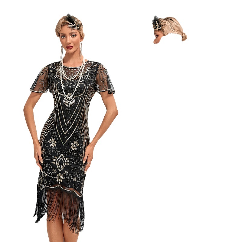 Robe Gatsby Années 1920 – Paillettes Et Franges, Col V, Longue, Idéale Pour Soirée Cocktail Ou Carnaval