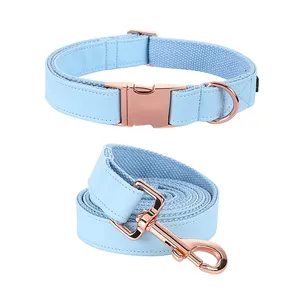 Durable Adjustable Heavy Duty Soft Vegan Leather Fashion Rose Gold Metal Buckle Dog Collar and Leash
