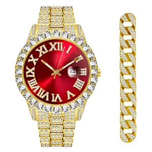 Jam tangan kuarsa mewah untuk pria, jam tangan wajah Romawi batu ramping, jam tangan emas 2 set, jam tangan gerakan Jepang dan gelang kuarsa untuk pria