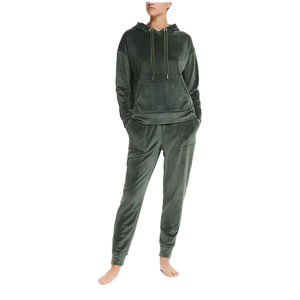 Conjunto Deportivo de Mujer en Terciopelo Verde Oscuro con Capucha, Manga Larga, Color Sólido, Corte Holgado, Pantalones de Invierno con Bolsillos Laterales - Product Image 1