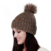 Bonnet en laine jacquard tricoté pour femme, de haute qualité, avec pompon en fausse fourrure, épais et chaud, idéal pour l'hiver - Vente en gros