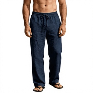 Pantalon décontracté ample en lin et coton pour homme, taille mi-haute avec cordon de serrage, couleur unie, idéal pour la plage - Product Image 1