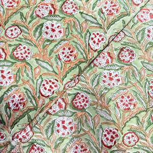 Tela de Algodón Estampada a Mano con Motivo Floral de Enredadera en Verde Menta y Coral, Estampado Floral Botánico en Verde Menta y Melocotón-Coral - Product Image 4