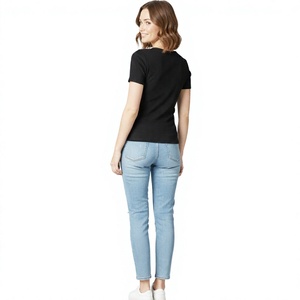 Women <b>Black</b> Ribbed Crew Neck Short Sleeve T-Shirt Breathable Quick Dry Seamless Spandex Polyester Skinny Solid Color for Adults - Product Image 2