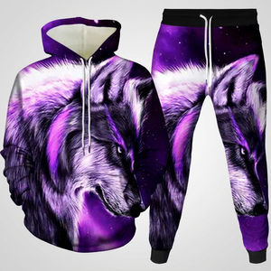 Ensemble de survêtement décontracté pour <span class=keywords><strong>femme</strong></span> avec sweat à capuche et pantalon imprimé loup 3D, coupe régulière, 100 % coton, idéal pour l'hiver - Product Image 1