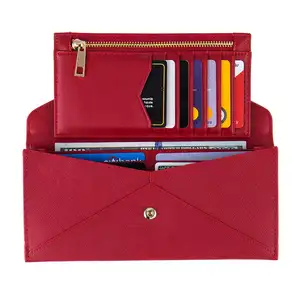 Bolso rfid de couro genuíno personalizado, cor vermelha, bolso, múltiplos dinheiro, carteira feminina