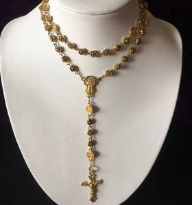 Collier religieux, chapelet de prière, alliage d'or, perles en forme de rose, aiguille courbée - Product Image 1