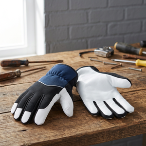 Gants de travail en cuir PU blanc et noir JNA GROUP, avec poignet élastique, bouts des doigts texturés antidérapants, usage général, sécurité, 11 oz - Product Image 2