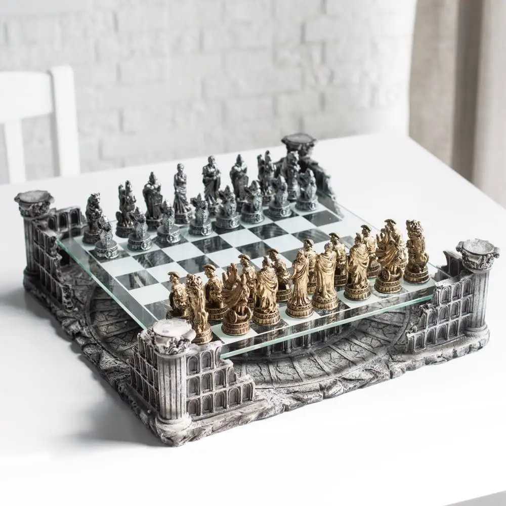Полирезина/Смола 16,25 "Римские гладиаторы 3D набор шахматных фигур, бронзовый и серебряный цвет