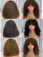 Perruques de cheveux humains bouclés Pixie avec frange, tissage intégral à la machine, bouclés crépus, bouclés brésiliens, bouclés italiens