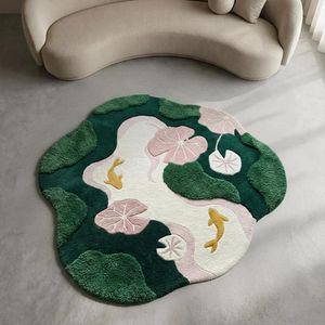 Hand Tufted Moss Yellow Koi Wool Rug with Pink Floral <b>Pond</b> Artwork and Irregular Design for Living Room Bedroom Nursery Kids - Product Image 2