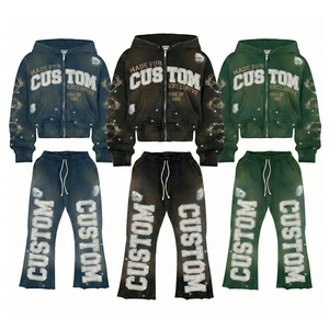 Mens Hoodies <strong>Tracksuit</strong> Custom logo 100% Cotton Black Distressed Oversized Acid Wash Print 500gsm Rhinestone Hoodie for Man - Product Image 1