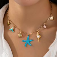 Collier pour femme vintage géométrique plaqué or 18 carats PVD, en alliage de zinc, avec coquillage en forme de cœur, imitation perle, étoile de mer et conque