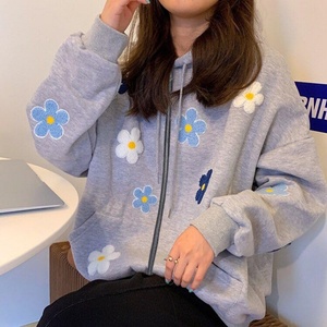 เสื้อกันหนาวมีฮู้ดมีซิปลายดอกไม้น่ารักสำหรับผู้หญิงแจ็กเก็ตแขนยาวแบบลำลองไซส์ใหญ่พิเศษสำหรับฤดูใบไม้ร่วง XS French Terry - Product Image 5