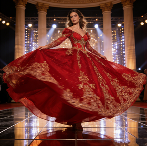 Vestido de Quinceañera con Lentejuelas Rojas Brillantes - Vestido de Gala con Cola de Corte Bordado a Mano en Oro - Product Image 5