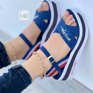Sandales décontractées polyvalentes pour femmes à talon compensé plat, grande taille, été 2024, en tissu, à bout ouvert, pour l'extérieur - Product Image 3