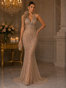 LF2385A <span class=keywords><strong>Abito</strong></span> <span class=keywords><strong>da</strong></span> Sera Elegante a Sirena <span class=keywords><strong>Monospalla</strong></span> con Perline di Cristallo Oro Champagne e Rose 3D - Product Image 1