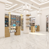 Étagère de présentation de pharmacie sur mesure de haute qualité, écologique, avec éclairage LED, design moderne en placage de bois MDF pour l'aménagement intérieur de magasins médicaux