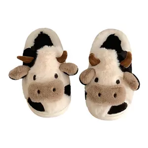Новые удобные плюшевые тапочки из коровьей кожи, зимние теплые домашние тапочки для дома с мультяшными животными