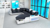 Muebles de Sala de Estar, Juego de Sofás de Cuero en Forma de U, Sofá Esquinero de Cuero con Cama y Luz LED