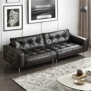 Ensemble de canapés sectionnels en <span class=keywords><strong>cuir</strong></span> <span class=keywords><strong>noir</strong></span> pur de style américain minimaliste, luxe léger, <span class=keywords><strong>canapé</strong></span> 3 places, rétro, rangée droite, canapés de salon - Product Image 1