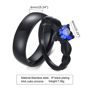 Bagues de couple assorties en acier inoxydable titane noir, incrustées de zircone cubique bleue étincelante, minimalistes, pour promesse - Product Image 2