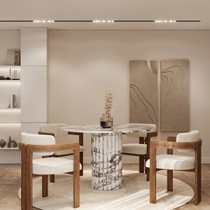 Tavolo da Pranzo Rotondo Lorenzo <span class=keywords><strong>in</strong></span> Calacatta Viola con Base Scanalata di Kumusi Furniture - Product Image 2