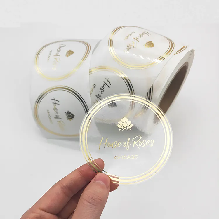 Rose Gold Foil Clear Labels Custom Small Logo Foil Stamp Adhesive Sticker Printing For Cosmetic Label