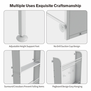 Slim Metal Shelving <strong>Unit</strong> with Pegboard Hooks Adjustable Feet and Suction Cups for Bathroom Bedroom Door Gap <strong>Storage</strong> - Product Image 6