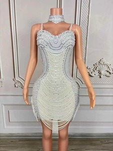 Abito da <span class=keywords><strong>Donna</strong></span> Sexy Scintillante di Lusso con Perle Dorate, Costume da Ballo, per Feste di Compleanno e Festival, con Strass, in Spandex/Poliestere - Product Image 4