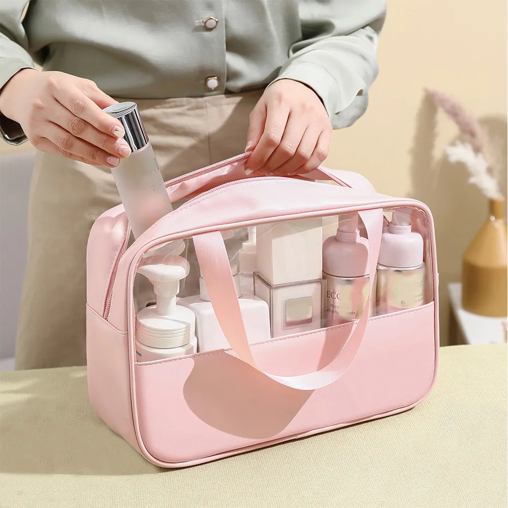 Bolsas de maquillaje de tocador de Pu transparentes de Pvc con logotipo personalizado, bolsa de cosméticos, bolsa de belleza para el cuidado de la piel, bolsa de viaje rosa de gran capacidad para Baño