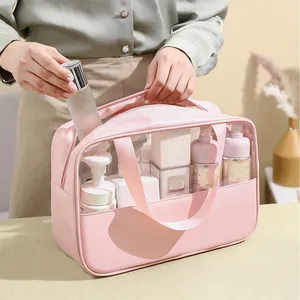 Tas Makeup Toilet Pu transparan Pvc Logo kustom tas kosmetik kantung Perawatan Kulit Kecantikan tas bepergian merah muda kapasitas besar cuci