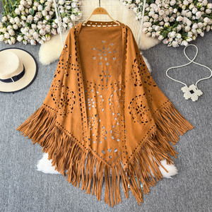 Boho Suede Fringe <b>Poncho</b> - Ethnic Cutout Cape Shawl, Loose Fit & Flattering Open Cardigan for Women - Product Image 3
