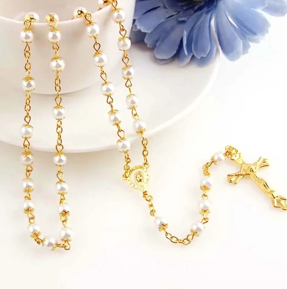 Cross-Border Hot Selling Puur Handgemaakte Gouden Ketting Kruis Rozenkrans Parel Ketting Groothandel Rozenkrans Populair