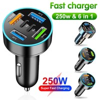 Cargador de Coche de 250W con 5 Puertos, Carga Rápida PD QC3.0, Adaptador de Cargador de Teléfono USB C para Coche con Indicador de Voltaje para iPhone, Samsung, Huawei, Xiaomi