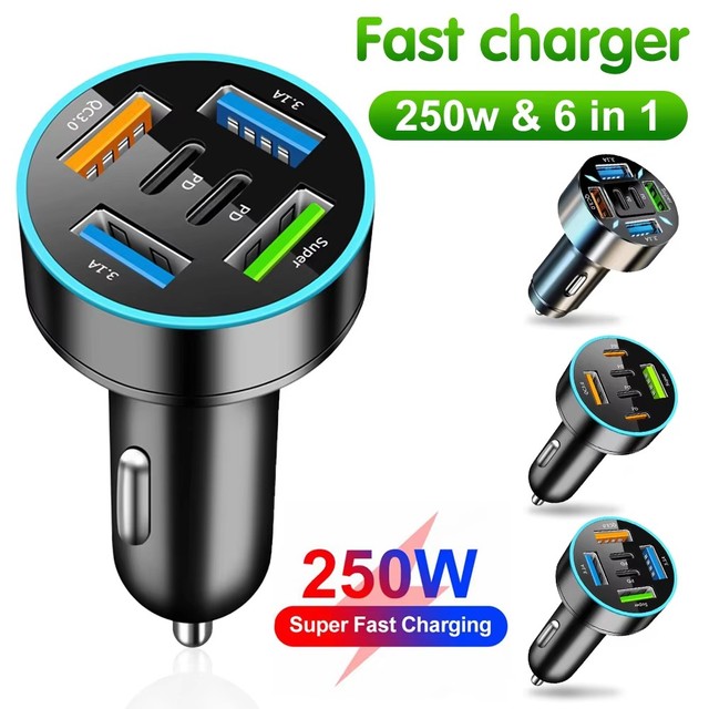 250W 5 Ports Car Charger Fast Charging PD QC3.0 USB C Car Phone Charger Adapter With Voltage for iPhone Samsung Huawei Xiaomi