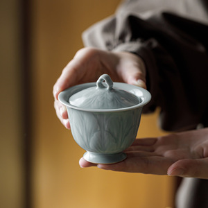 Guanlan Tianqing Ru Kiln Relief Covered Bowl <b>Teacup</b> Sky Blue Porcelain Gaiwan For Kung Fu Tea Set - Product Image 1