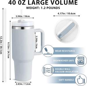 Mug de voyage isotherme sous vide en acier inoxydable à double paroi de 40 oz avec poignée, couvercle et paille, vente en gros en stock - Product Image 2